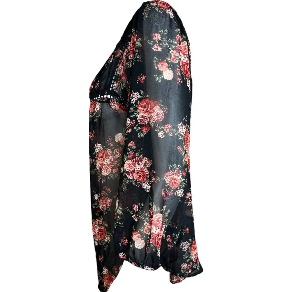 Mine Womens Large Black Floral Sheer 3/4‎ Length Sleeve Blouse - Picture 7 of 15